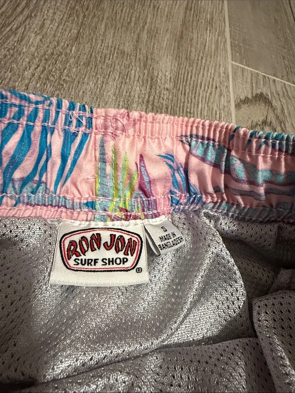 Men's Ron Jon’s Pink Tropical Swim Trunks with Blue Drawstring